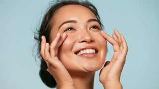 Skin care. Woman with beauty face touching facial skin portrait