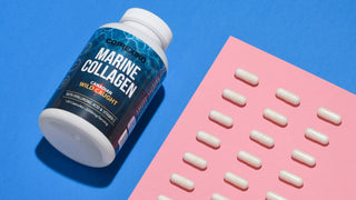 Fish Marine Collagen Capsules on a Pink and Blue Surface