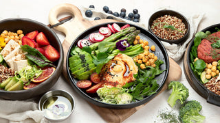 Healthy vegetarian and vegan salads and Buddha Bowls with vitamins, antioxidants, protein on light background.