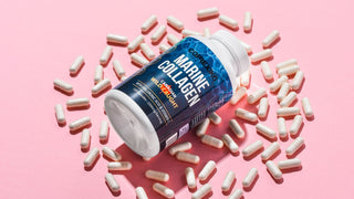 Marine Collagen Blue Plastic Container on Top of Capsules