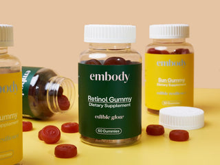 embody Forever Beaumore Retinol Gummy and Sun Gummy Bottles on Yellow Backdrop